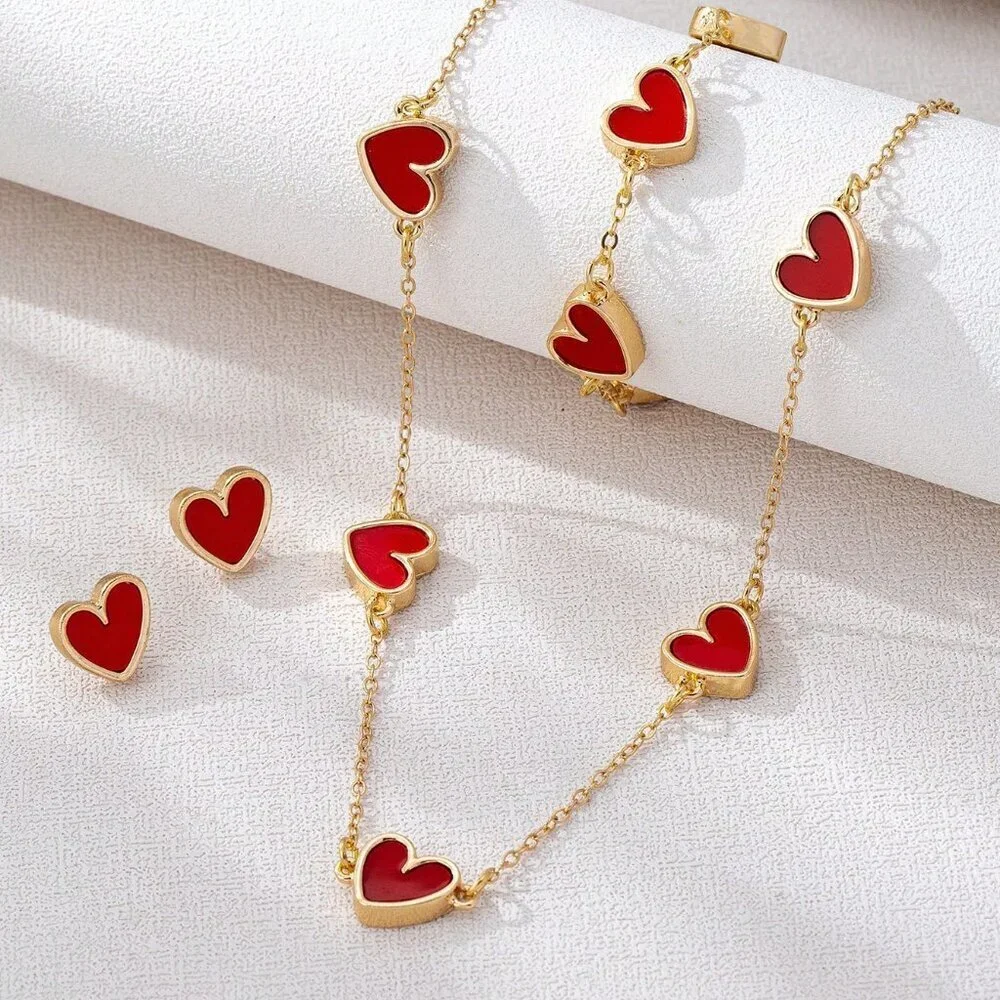 Red Elegant Women's Heart-Shaped Jewelry Set